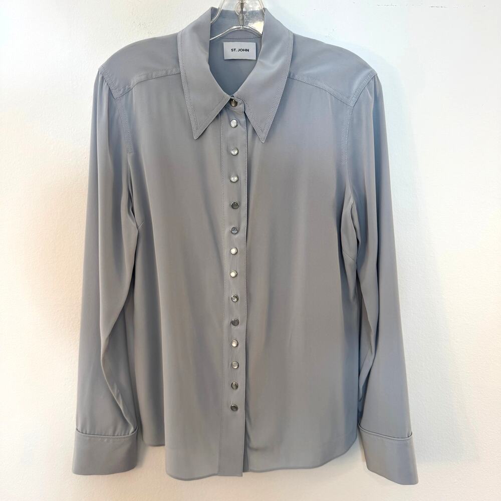 St. John Womens Silk Blend Snap Front Blouse Blue Gray Pearl Snap Shirt Medium